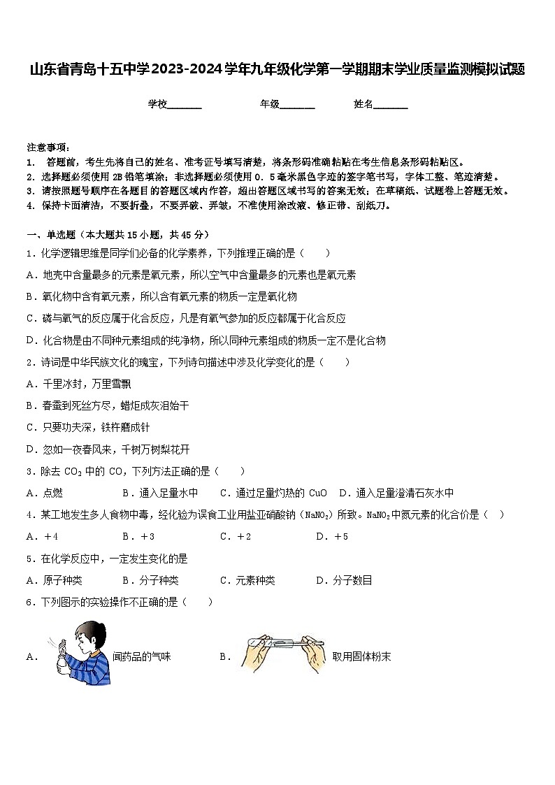 山东省青岛十五中学2023-2024学年九年级化学第一学期期末学业质量监测模拟试题含答案第1页