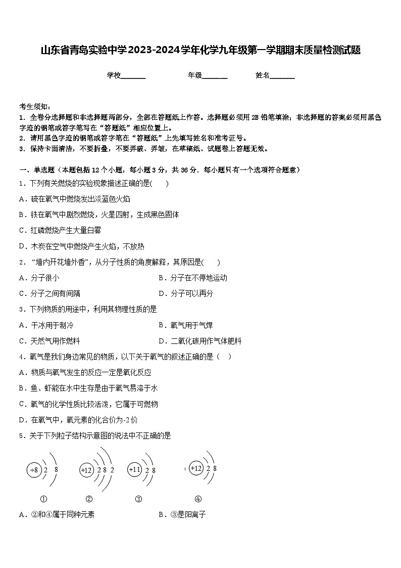 山东省青岛实验中学2023-2024学年化学九年级第一学期期末质量检测试题含答案第1页