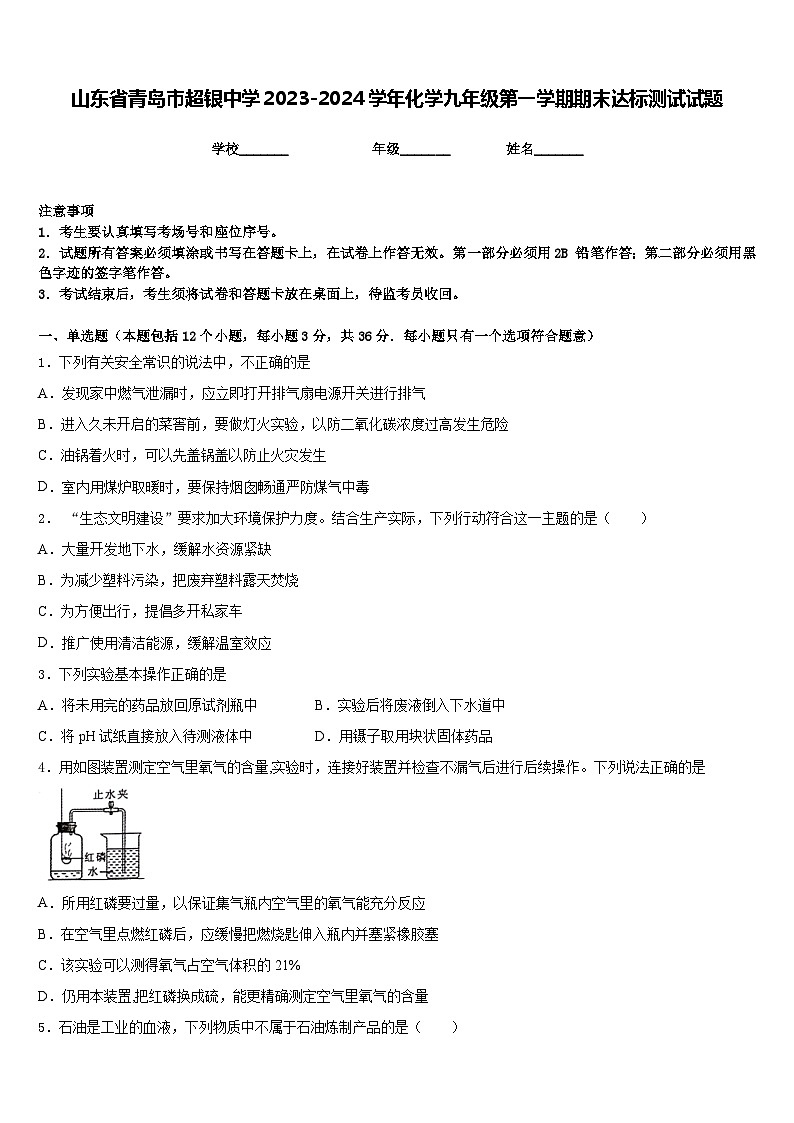 山东省青岛市超银中学2023-2024学年化学九年级第一学期期末达标测试试题含答案第1页