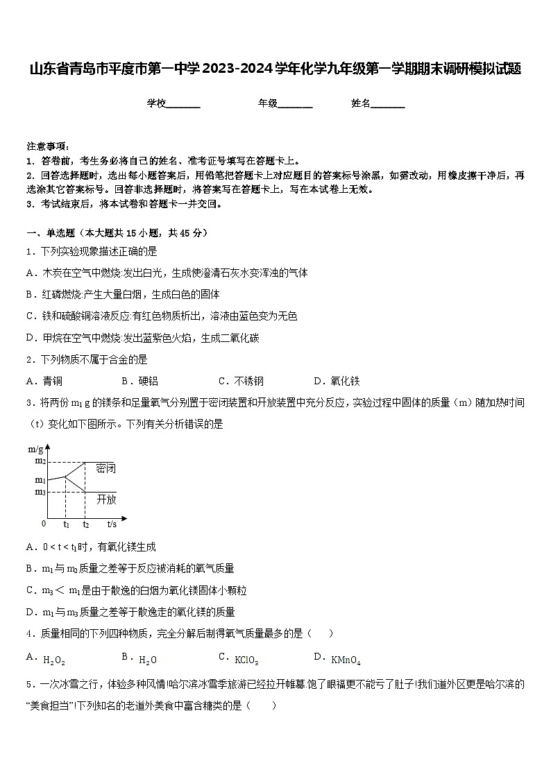 山东省青岛市平度市第一中学2023-2024学年化学九年级第一学期期末调研模拟试题含答案第1页