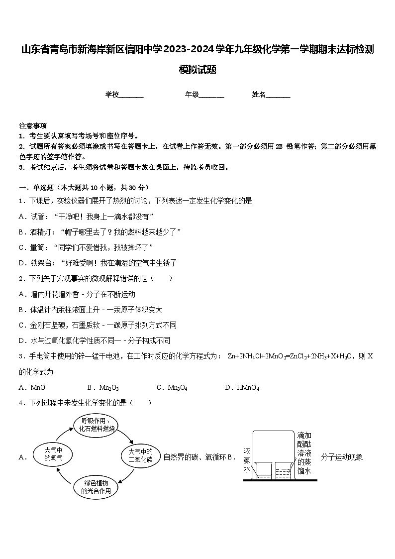 山东省青岛市新海岸新区信阳中学2023-2024学年九年级化学第一学期期末达标检测模拟试题含答案第1页