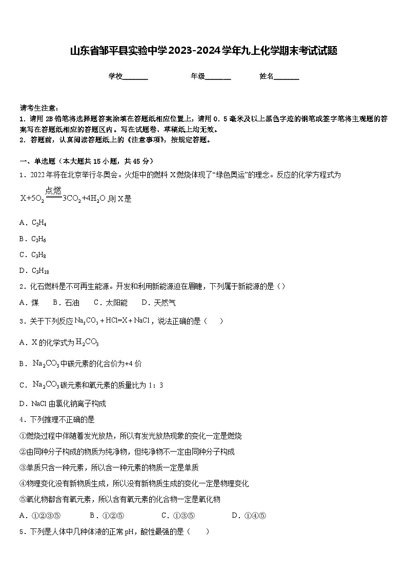 山东省邹平县实验中学2023-2024学年九上化学期末考试试题含答案第1页