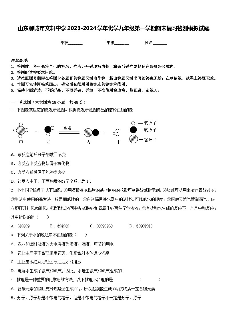 山东聊城市文轩中学2023-2024学年化学九年级第一学期期末复习检测模拟试题含答案01