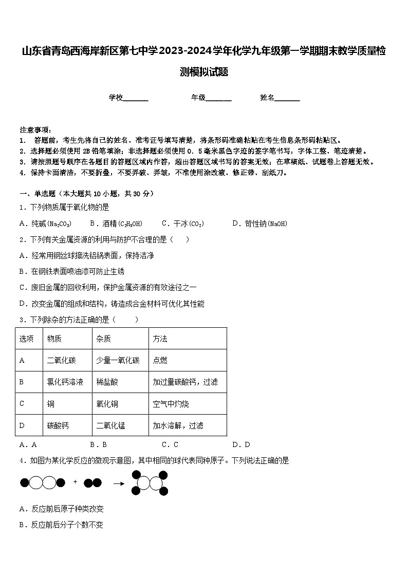 山东省青岛西海岸新区第七中学2023-2024学年化学九年级第一学期期末教学质量检测模拟试题含答案第1页