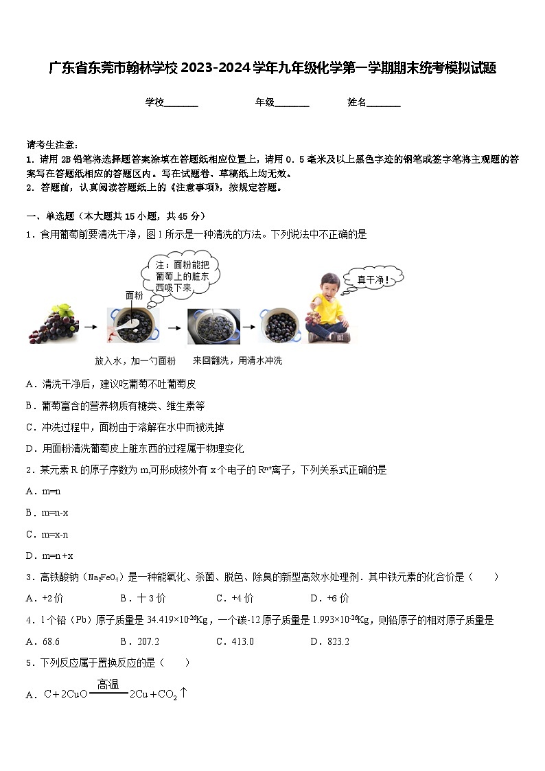 广东省东莞市翰林学校2023-2024学年九年级化学第一学期期末统考模拟试题含答案第1页