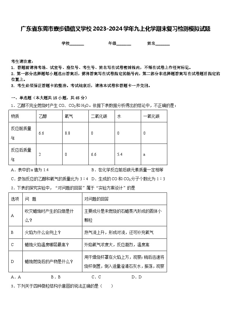 广东省东莞市寮步镇信义学校2023-2024学年九上化学期末复习检测模拟试题含答案第1页