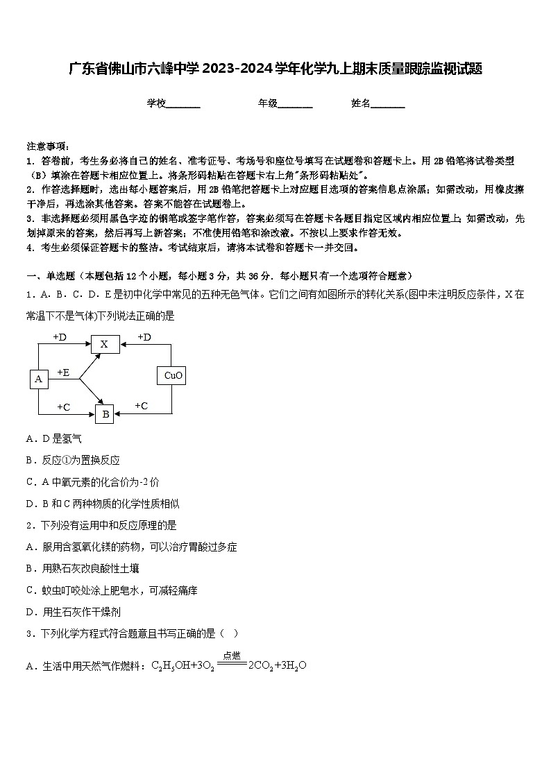 广东省佛山市六峰中学2023-2024学年化学九上期末质量跟踪监视试题含答案第1页