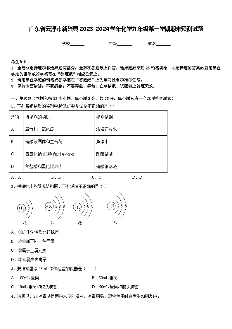 广东省云浮市新兴县2023-2024学年化学九年级第一学期期末预测试题含答案第1页