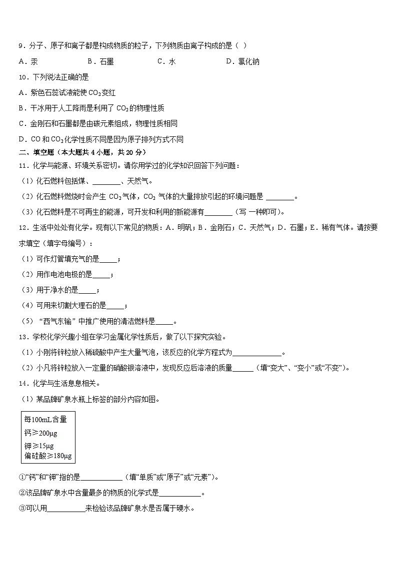 广东省中学山大附属中学2023-2024学年九年级化学第一学期期末监测试题含答案03