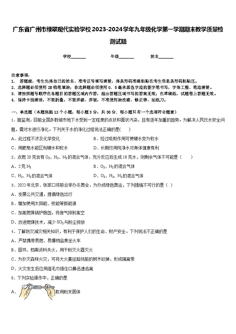 广东省广州市绿翠现代实验学校2023-2024学年九年级化学第一学期期末教学质量检测试题含答案第1页