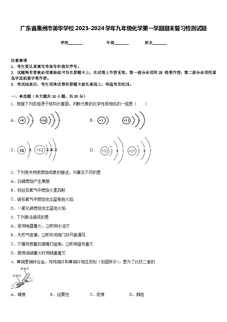 广东省惠州市英华学校2023-2024学年九年级化学第一学期期末复习检测试题含答案第1页