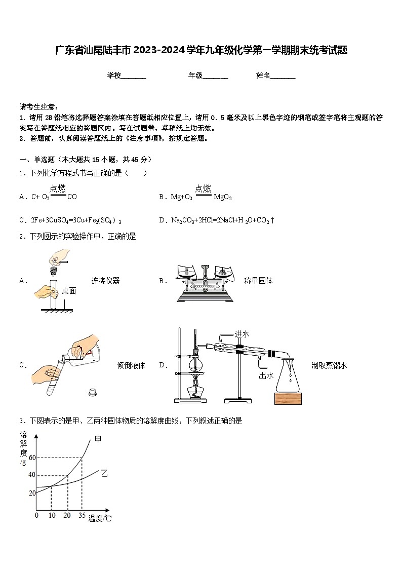 广东省汕尾陆丰市2023-2024学年九年级化学第一学期期末统考试题含答案第1页