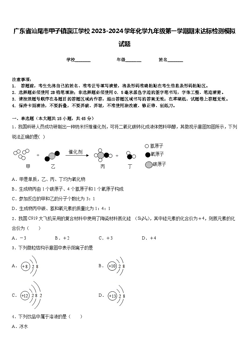 广东省汕尾市甲子镇瀛江学校2023-2024学年化学九年级第一学期期末达标检测模拟试题含答案第1页