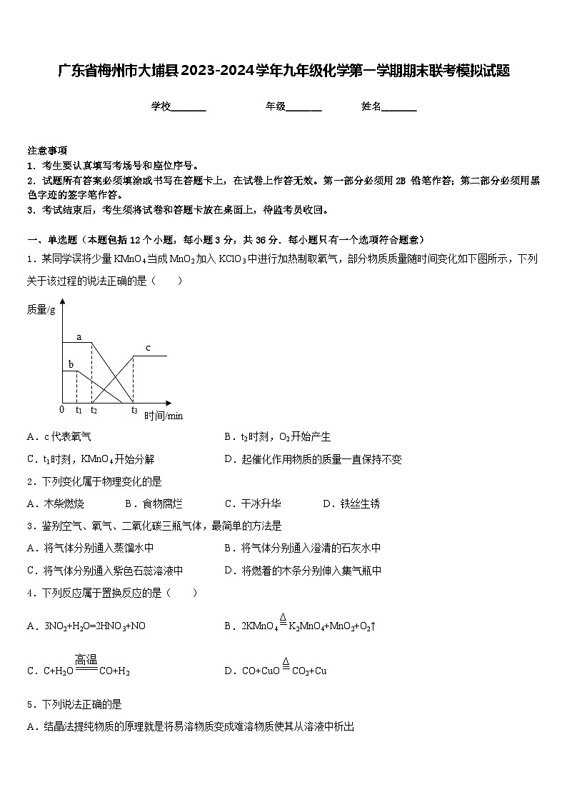 广东省梅州市大埔县2023-2024学年九年级化学第一学期期末联考模拟试题含答案第1页