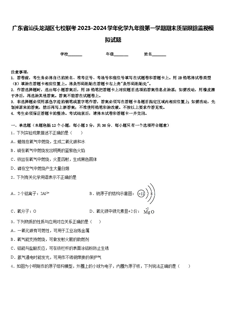 广东省汕头龙湖区七校联考2023-2024学年化学九年级第一学期期末质量跟踪监视模拟试题含答案第1页