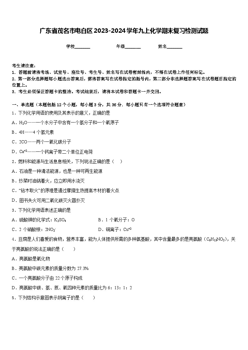 广东省茂名市电白区2023-2024学年九上化学期末复习检测试题含答案第1页