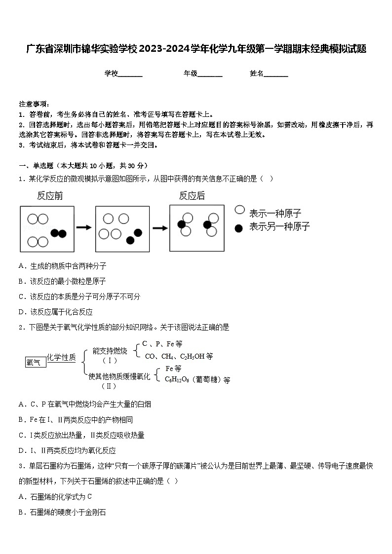 广东省深圳市锦华实验学校2023-2024学年化学九年级第一学期期末经典模拟试题含答案第1页