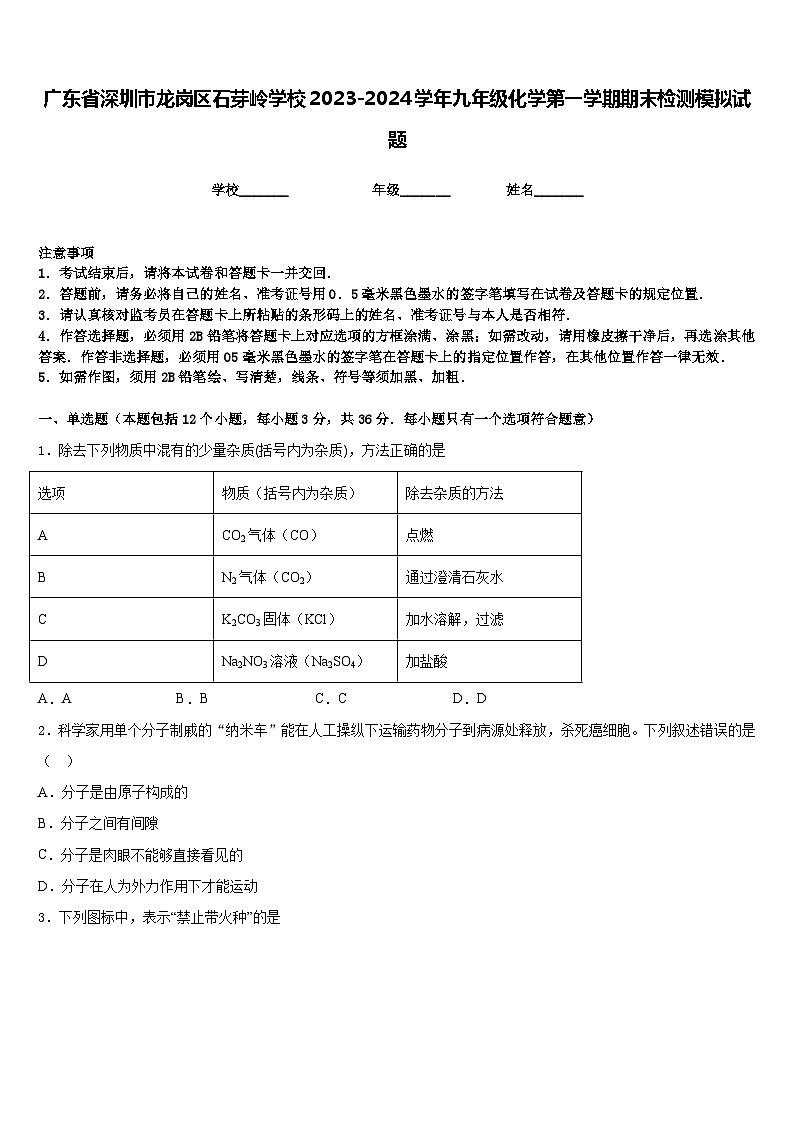 广东省深圳市龙岗区石芽岭学校2023-2024学年九年级化学第一学期期末检测模拟试题含答案第1页