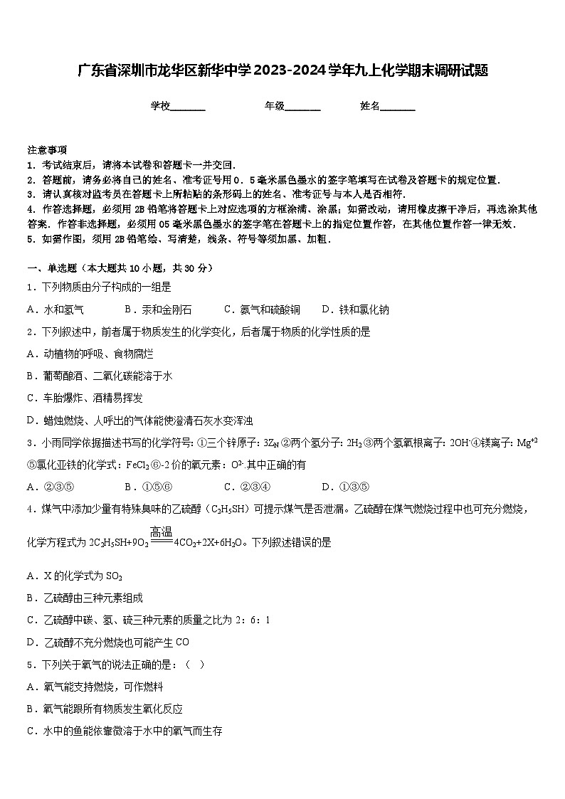 广东省深圳市龙华区新华中学2023-2024学年九上化学期末调研试题含答案第1页