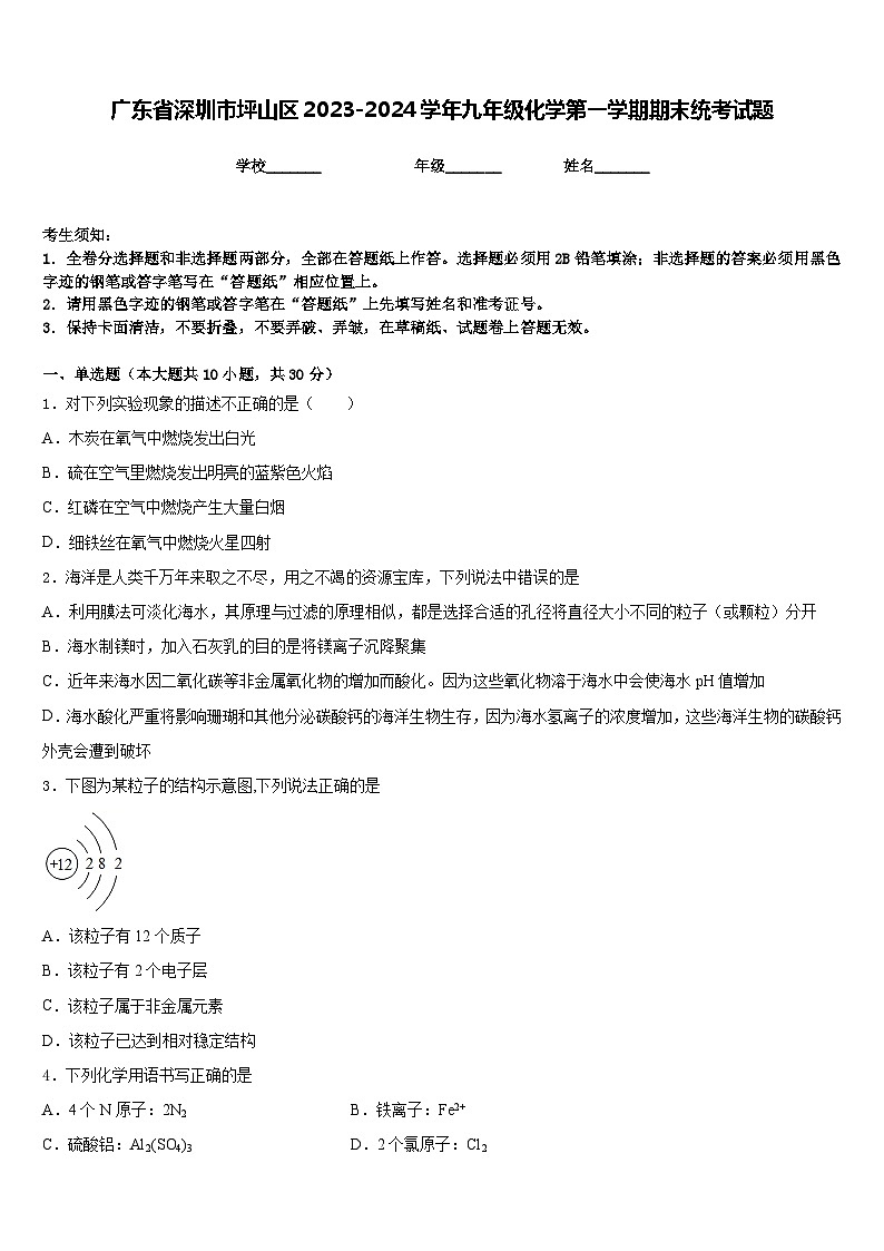 广东省深圳市坪山区2023-2024学年九年级化学第一学期期末统考试题含答案第1页