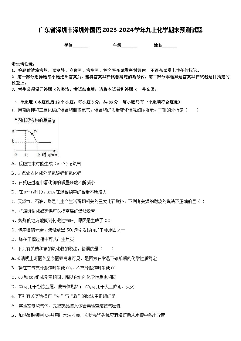 广东省深圳市深圳外国语2023-2024学年九上化学期末预测试题含答案第1页