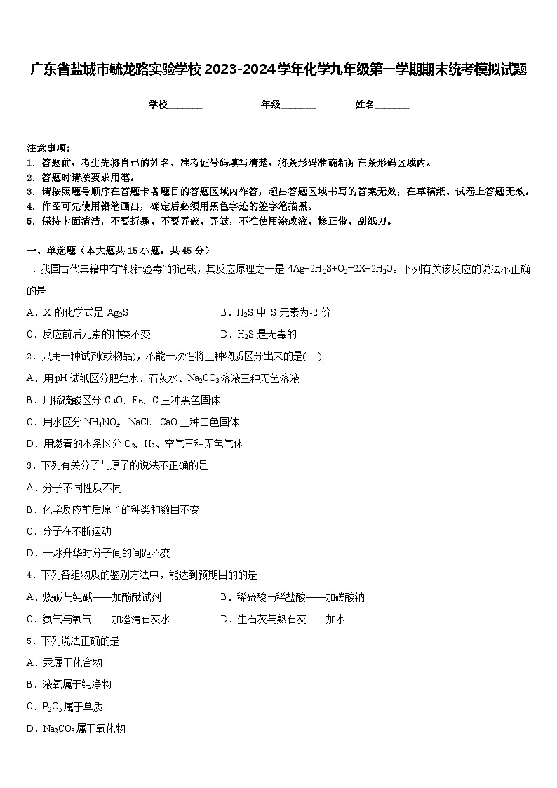 广东省盐城市毓龙路实验学校2023-2024学年化学九年级第一学期期末统考模拟试题含答案第1页