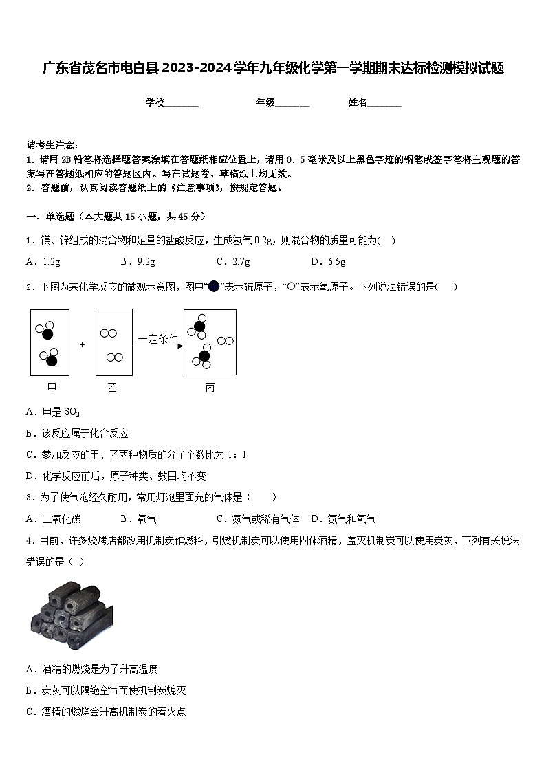 广东省茂名市电白县2023-2024学年九年级化学第一学期期末达标检测模拟试题含答案第1页