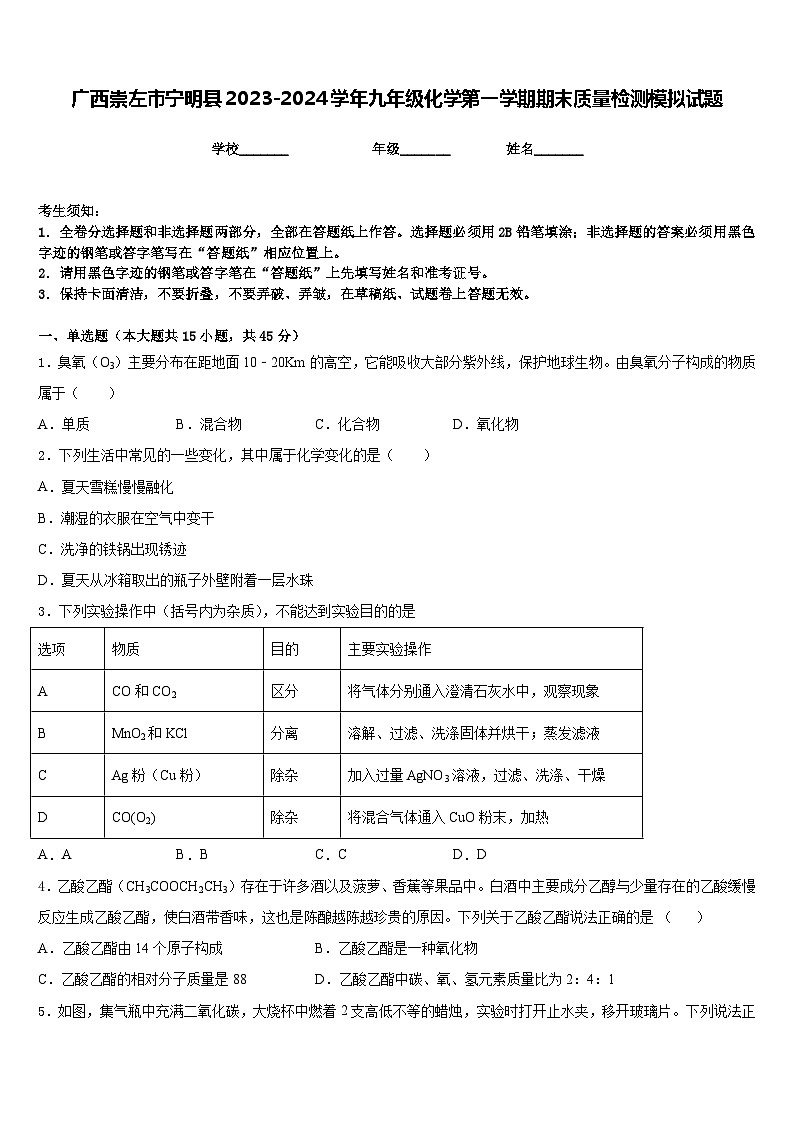 广西崇左市宁明县2023-2024学年九年级化学第一学期期末质量检测模拟试题含答案01