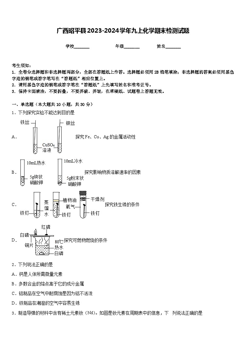 广西昭平县2023-2024学年九上化学期末检测试题含答案第1页