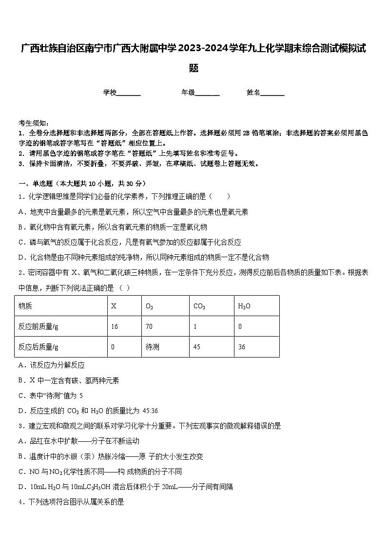 广西壮族自治区南宁市广西大附属中学2023-2024学年九上化学期末综合测试模拟试题含答案01