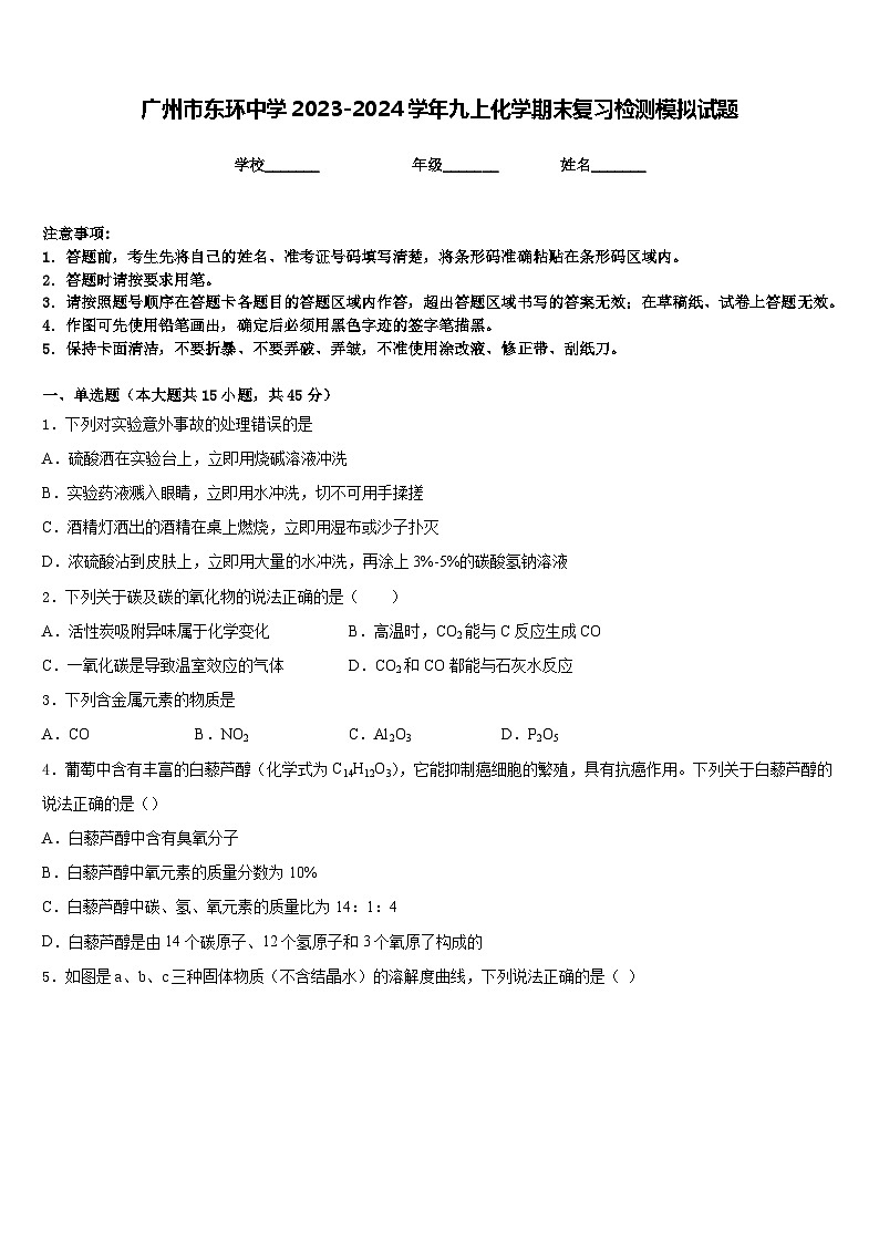 广州市东环中学2023-2024学年九上化学期末复习检测模拟试题含答案01