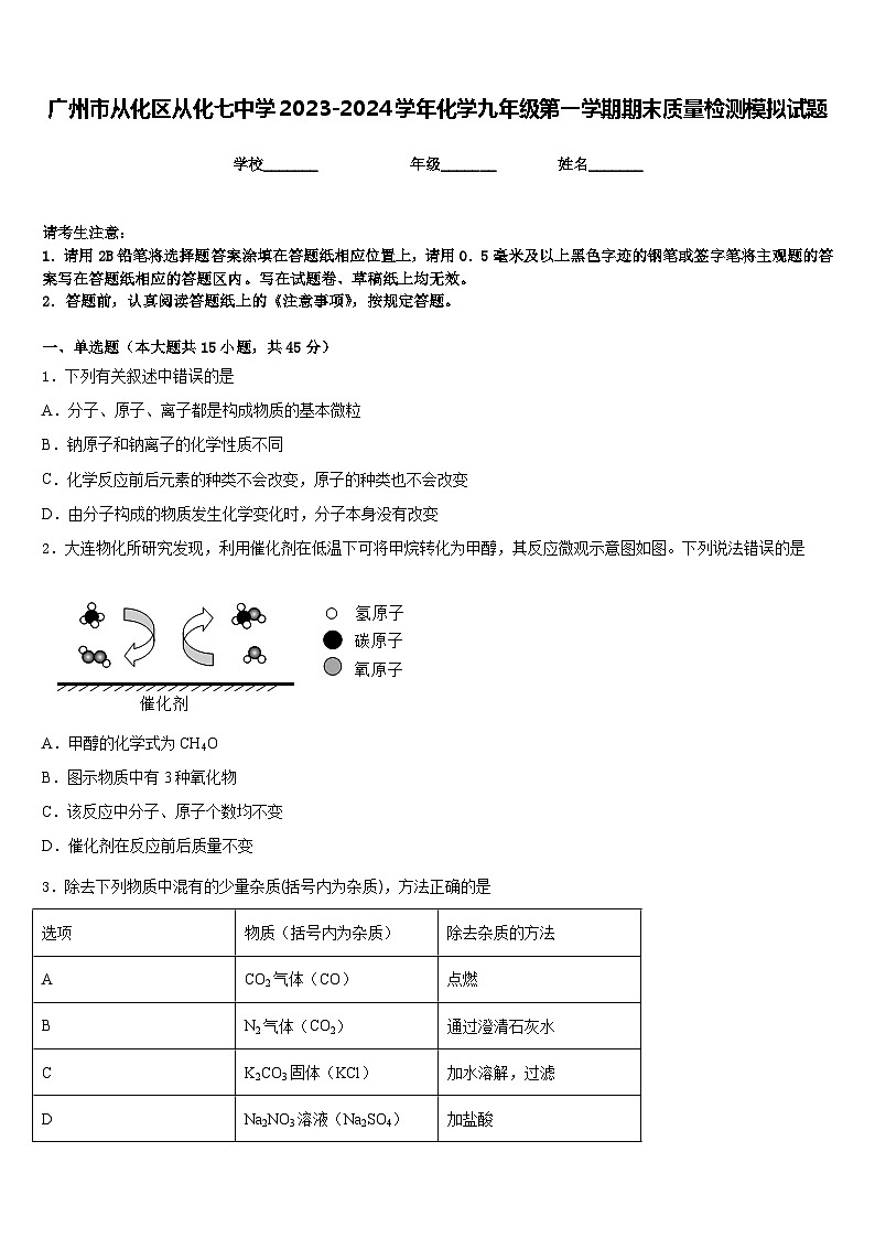 广州市从化区从化七中学2023-2024学年化学九年级第一学期期末质量检测模拟试题含答案第1页