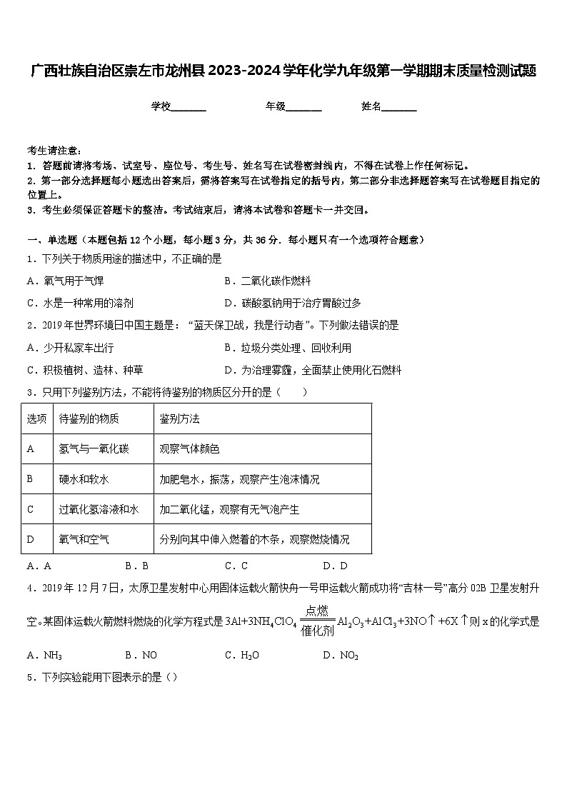 广西壮族自治区崇左市龙州县2023-2024学年化学九年级第一学期期末质量检测试题含答案第1页