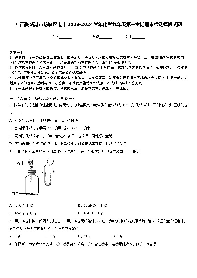 广西防城港市防城区港市2023-2024学年化学九年级第一学期期末检测模拟试题含答案第1页