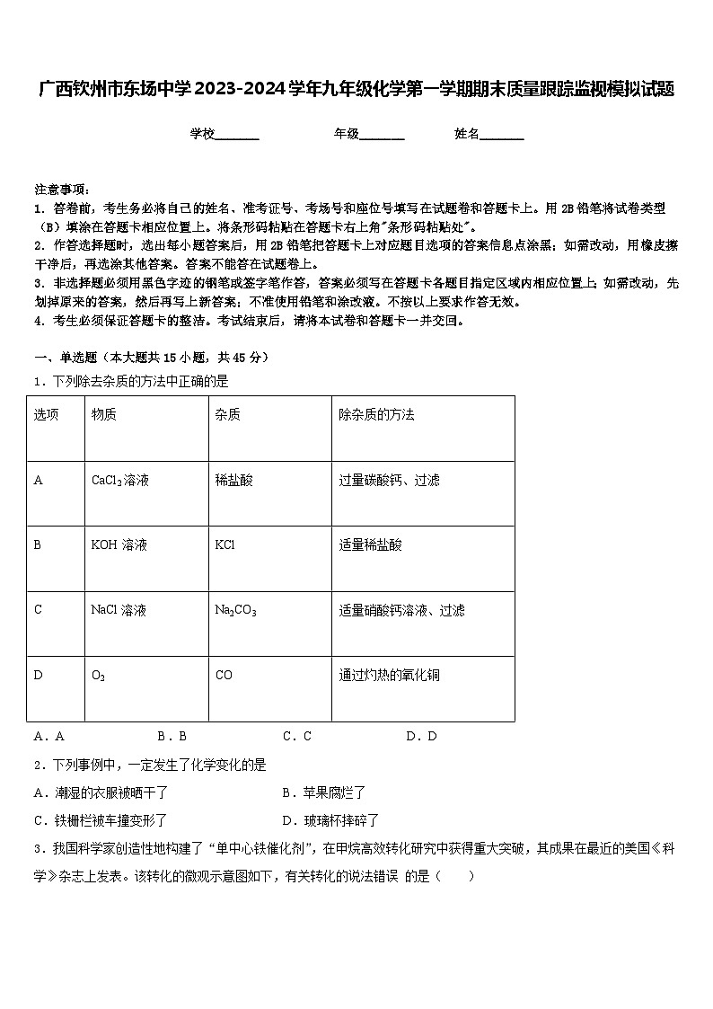 广西钦州市东场中学2023-2024学年九年级化学第一学期期末质量跟踪监视模拟试题含答案01