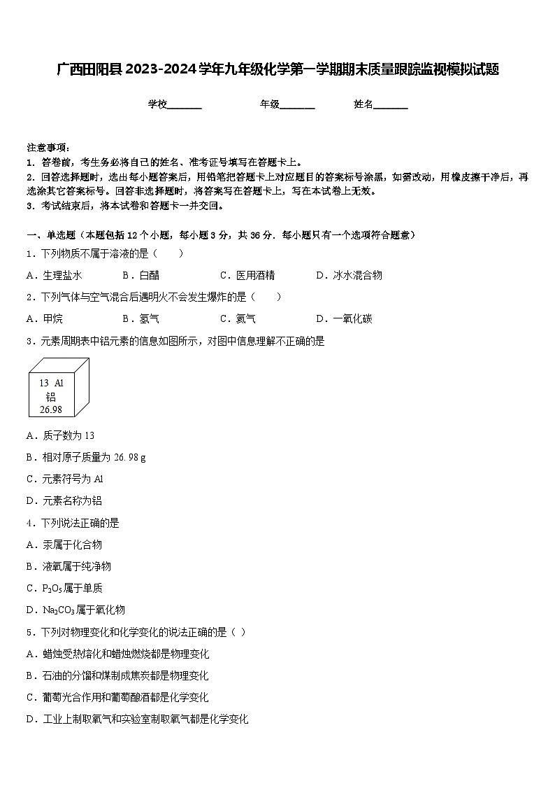 广西田阳县2023-2024学年九年级化学第一学期期末质量跟踪监视模拟试题含答案01