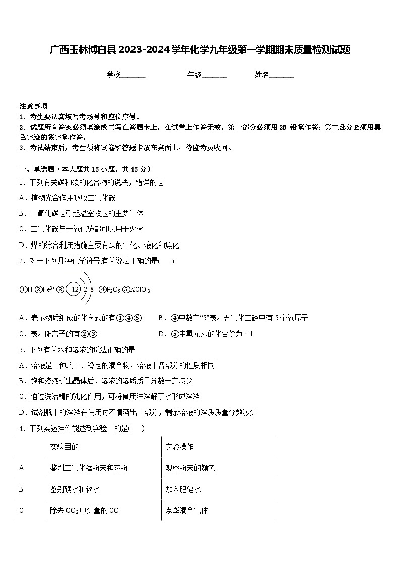 广西玉林博白县2023-2024学年化学九年级第一学期期末质量检测试题含答案01