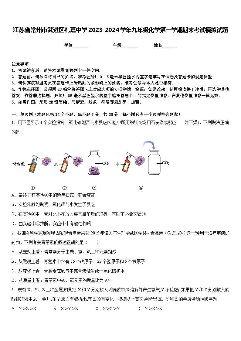 江苏省常州市武进区礼嘉中学2023-2024学年九年级化学第一学期期末考试模拟试题含答案第1页