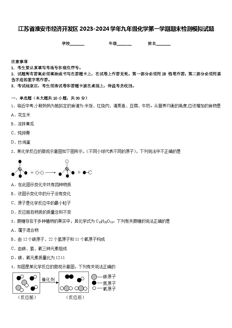 江苏省淮安市经济开发区2023-2024学年九年级化学第一学期期末检测模拟试题含答案第1页