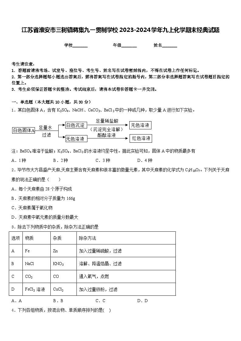 江苏省淮安市三树镇蒋集九一贯制学校2023-2024学年九上化学期末经典试题含答案第1页