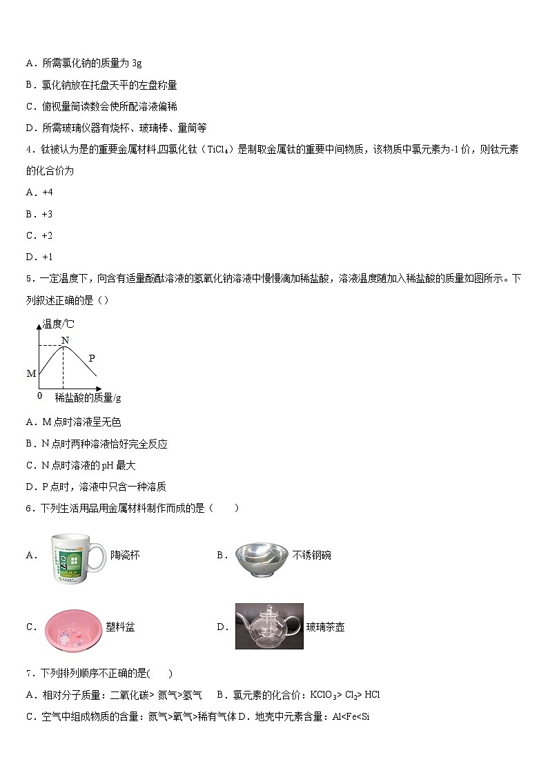 江苏省盐城景山中学2023-2024学年化学九上期末联考试题含答案第2页