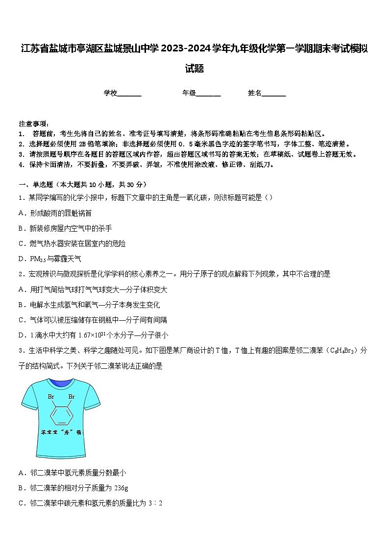 江苏省盐城市亭湖区盐城景山中学2023-2024学年九年级化学第一学期期末考试模拟试题含答案第1页