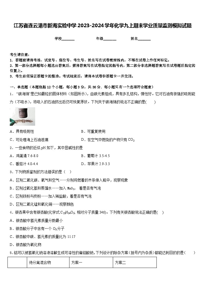 江苏省连云港市新海实验中学2023-2024学年化学九上期末学业质量监测模拟试题含答案第1页