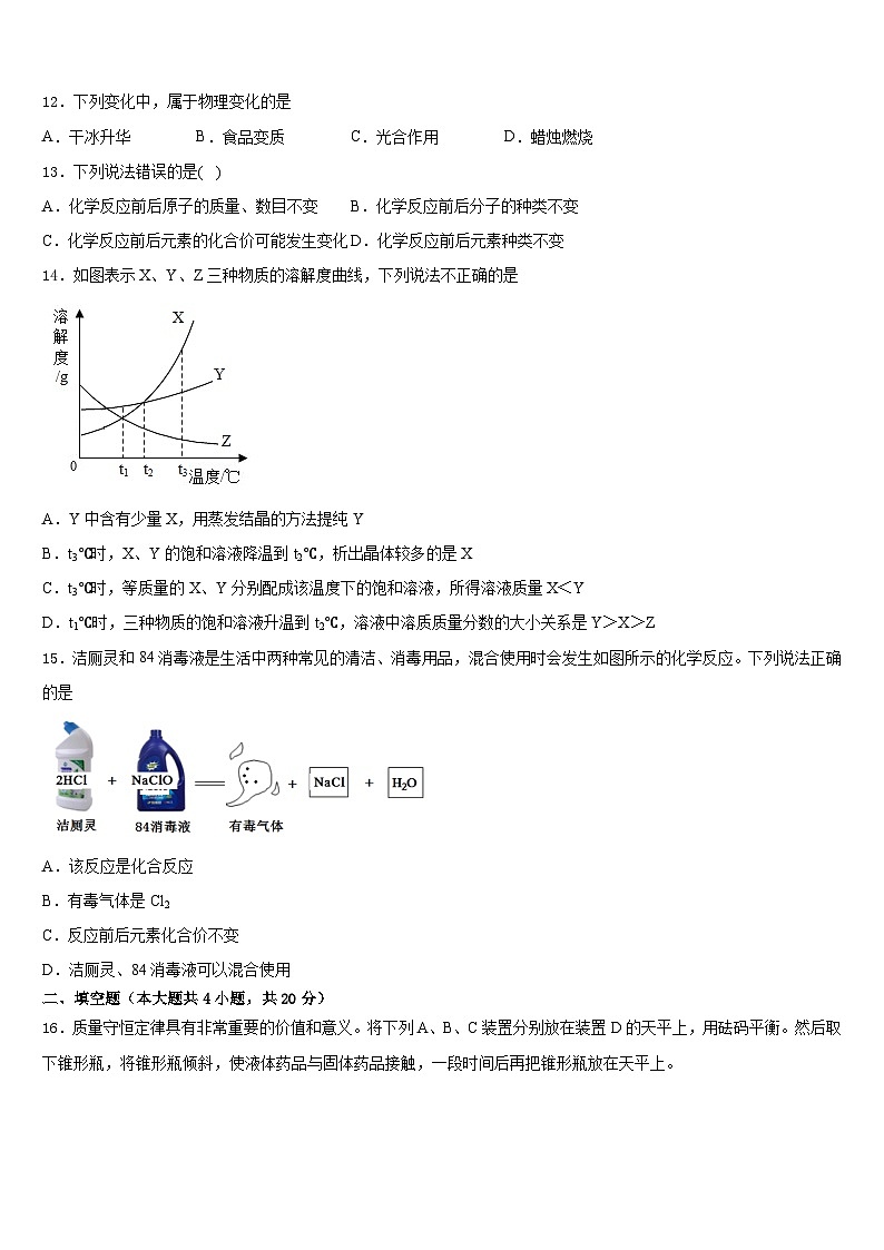 江苏省苏州工业园区七校联考2023-2024学年九年级化学第一学期期末达标测试试题含答案第3页