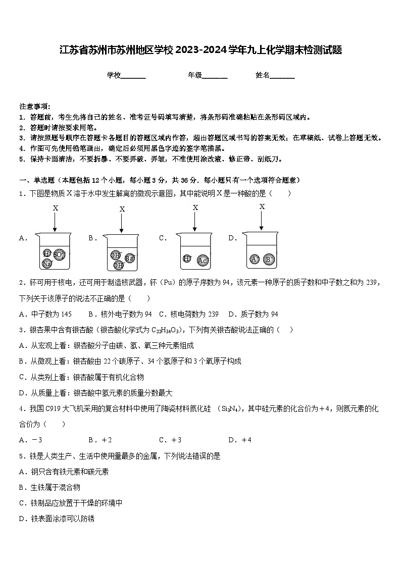 江苏省苏州市苏州地区学校2023-2024学年九上化学期末检测试题含答案第1页