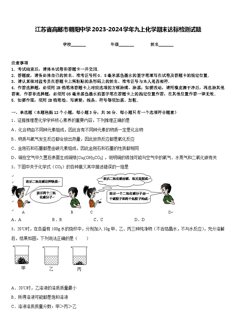江苏省高邮市朝阳中学2023-2024学年九上化学期末达标检测试题含答案第1页