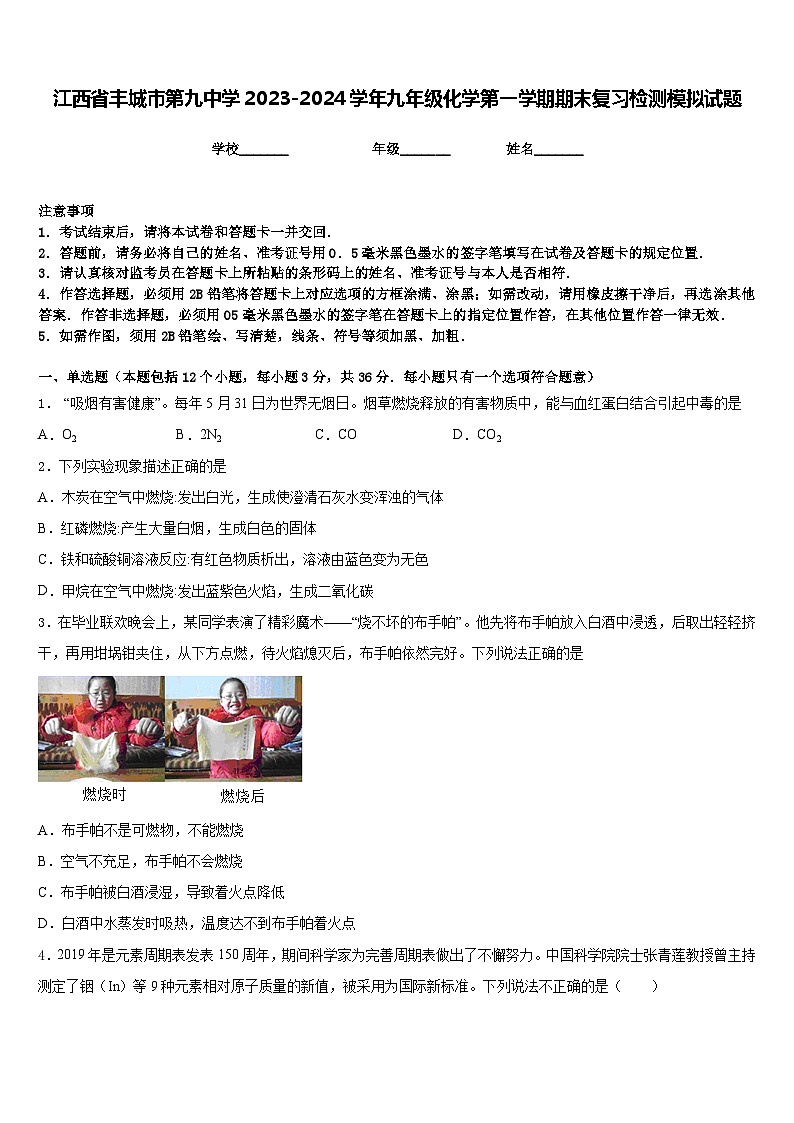 江西省丰城市第九中学2023-2024学年九年级化学第一学期期末复习检测模拟试题含答案01
