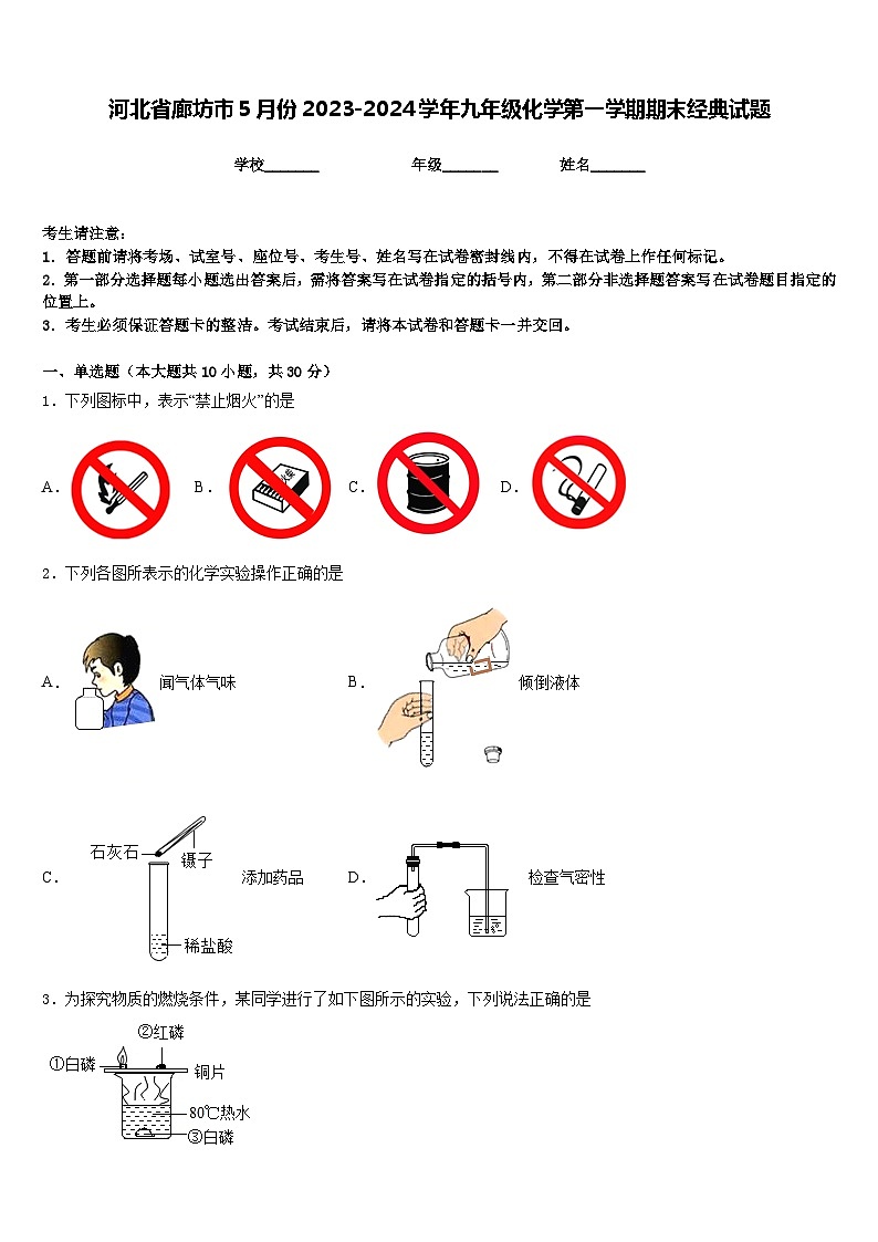 河北省廊坊市5月份2023-2024学年九年级化学第一学期期末经典试题含答案第1页