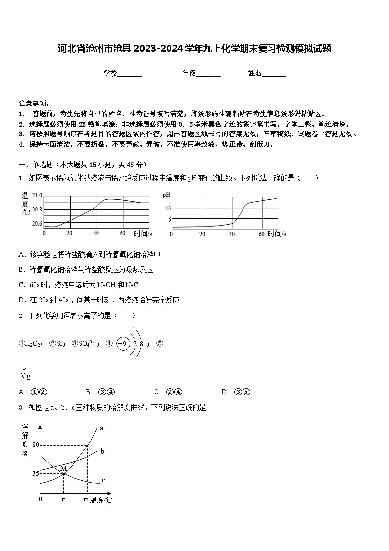 河北省沧州市沧县2023-2024学年九上化学期末复习检测模拟试题含答案01