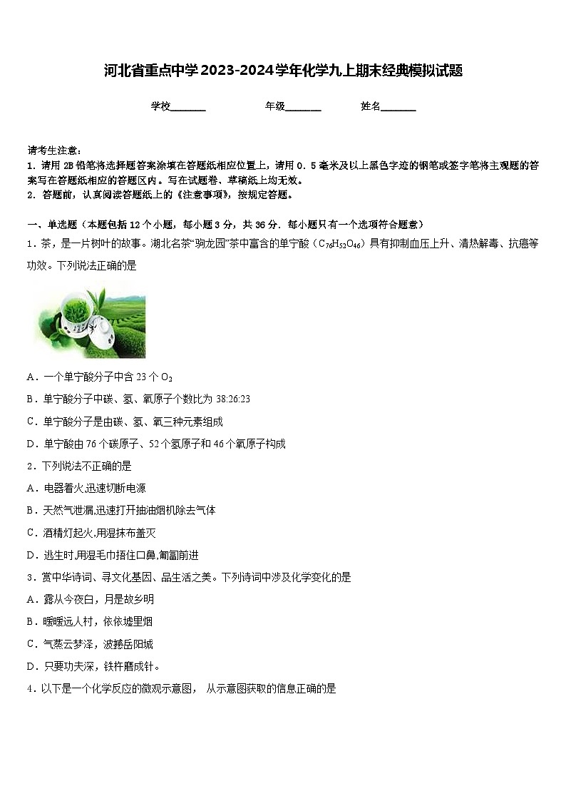 河北省重点中学2023-2024学年化学九上期末经典模拟试题含答案01